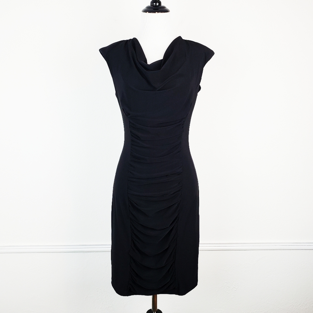 Komarov Dress Draped Ruched Cowl LBD Designer Classic Chic Sexy Cocktail Black